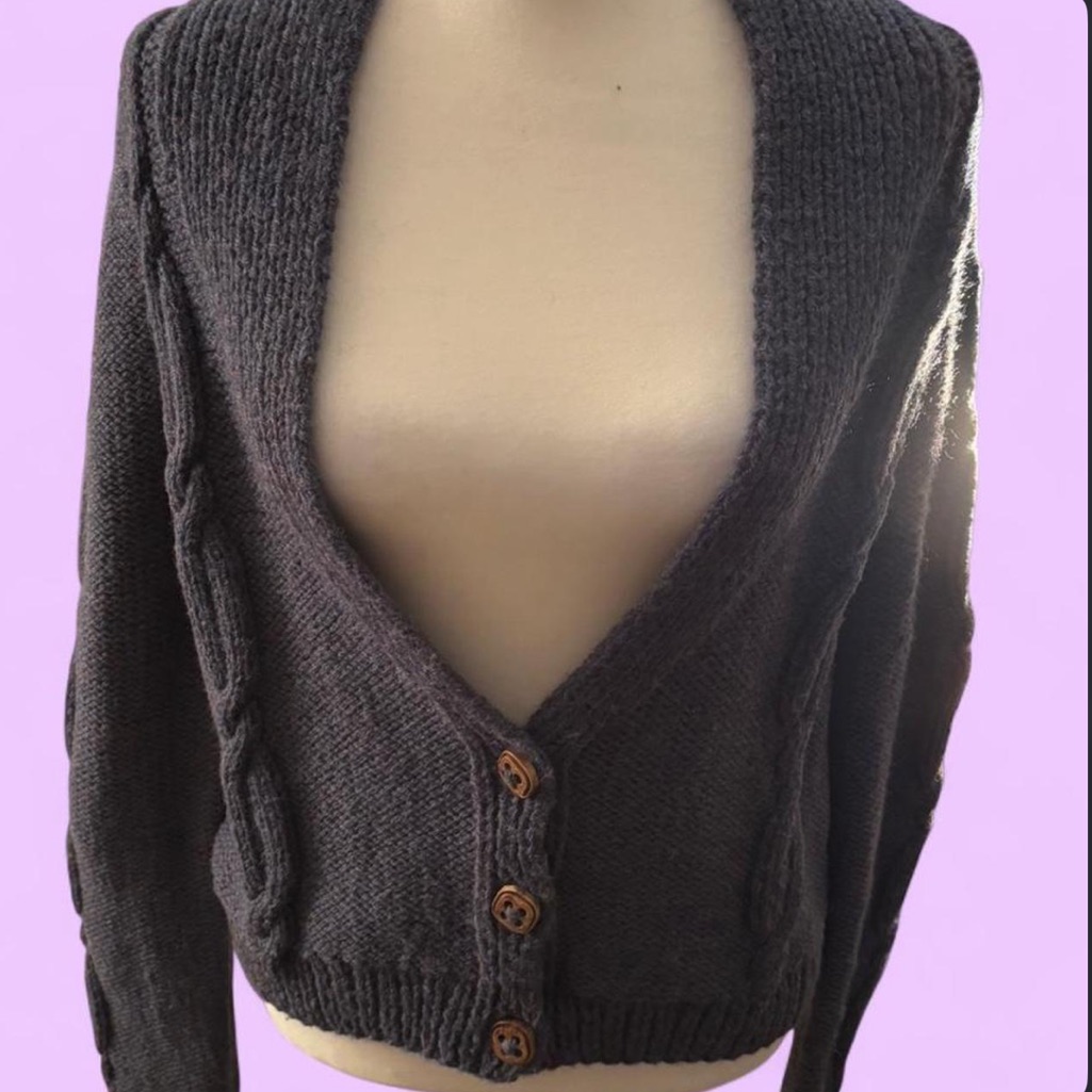 Handmade Wool Cropped Cable Knit Cardigan Dusty Blue Dark Academia